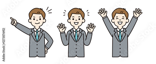 喜ぶ・目指す・万歳する、若いビジネスマンのベクターイラスト素材セット＿線幅の編集可能＿カラー
