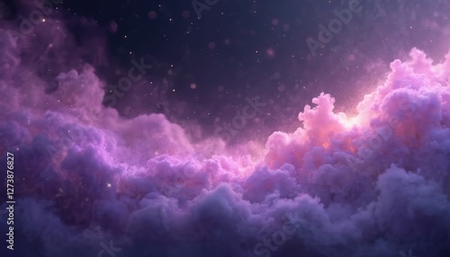Illustration of purple magic smoke effect with light and sparkle flowed off a cloud. Fog cloud abstract modern image is realistic and transparent, a smokey tail flows with shimmer.