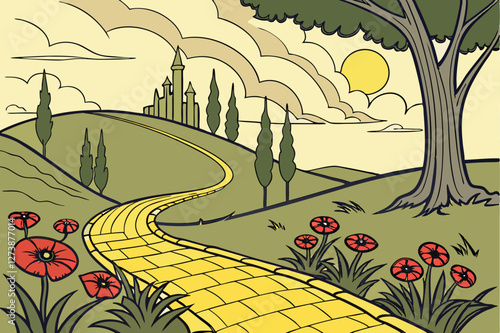  Fantasy landscape, yellow brick road, emerald city skyline, vibrant red poppies, tall cypress trees, stormy sky, golden sunlight, winding path, magical atmosphere, Wizard of Oz inspired, dreamlike 