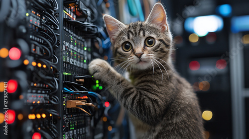 Kitten explores server room, playfully interacts with cables and blinking lights, adding a touch of feline chaos to the technological environment.