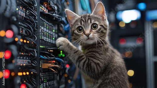 Obraz Kitten explores server room, playfully interacts with cables and blinking lights, adding a touch of feline chaos to the technological environment.