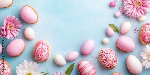 Colorful as and flowers adorn a blue surface, accompanied by delicate pink and white eggs, creating a vibrant and festive atmosphere. photo