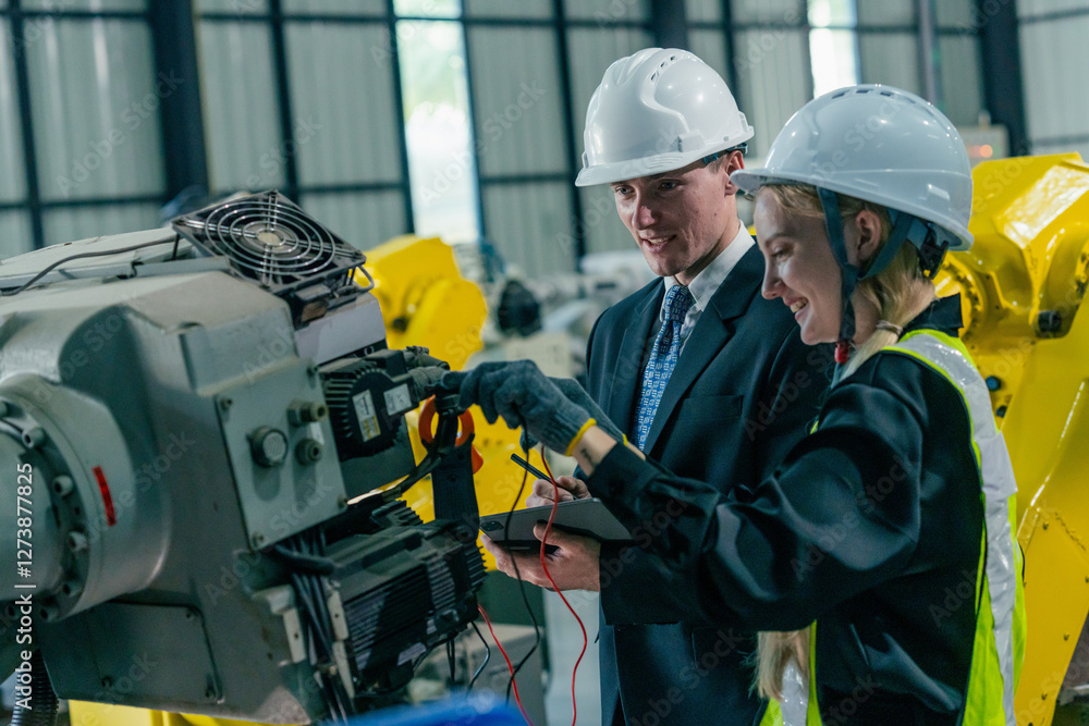 Engineers collaborate on robotics project in a manufacturing facility during daylight hours Engineers collaborate on robotics project in a manufacturing facility during daylight hours