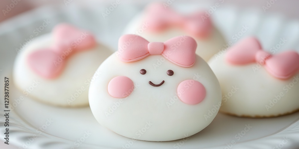 Three white chocolate-covered eggs adorned with delicate pink bows, showcasing an elegant and festive design perfect for special occasions. Three white chocolate-covered eggs adorned with delicate pink bows, showcasing an elegant and festive design perfect for special occasions.