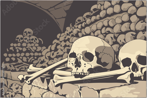  Human skulls, pile of bones, macabre, archaeology, catacombs, Gothic horror, anatomical study, mortality, memento mori, realistic detail, high contrast, dramatic lighting, off-white and beige tones