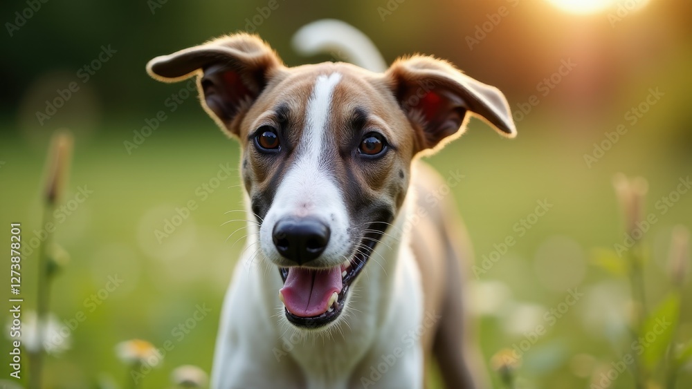 A greyhound puppy stands in a field with flowers and sunlight in the background. A greyhound puppy stands in a field with flowers and sunlight in the background.