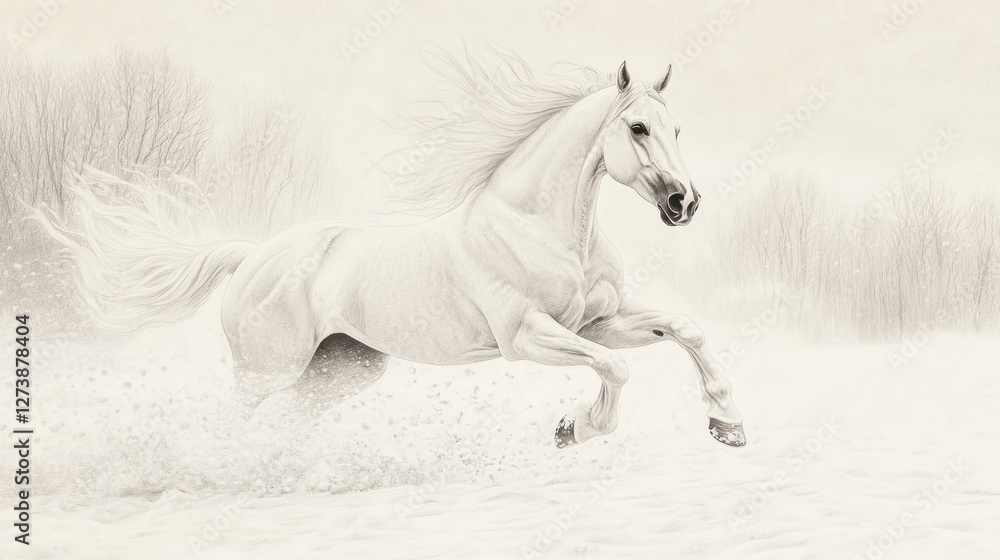 Fototapeta premium White horse running in a light field. Possible use for posters, greeting cards, or other artistic presentations