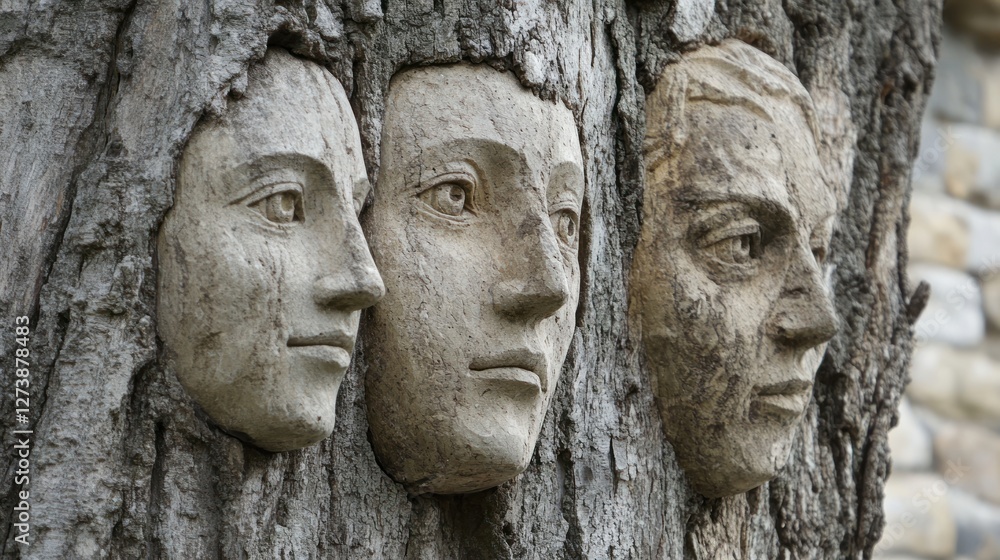 Fototapeta premium Three Faces Carved into Tree Trunk: A Symbolic Artwork