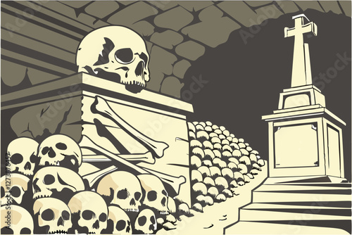  Human skulls, pile of bones, macabre, archaeology, catacombs, Gothic horror, anatomical study, mortality, memento mori, realistic detail, high contrast, dramatic lighting, off-white and beige tones