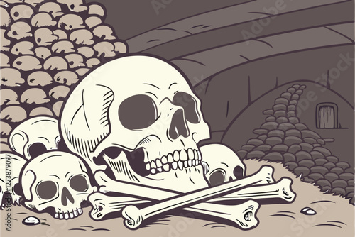 Human skulls, pile of bones, macabre, archaeology, catacombs, Gothic horror, anatomical study, mortality, memento mori, realistic detail, high contrast, dramatic lighting, off-white and beige tones