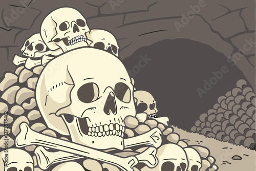  Human skulls, pile of bones, macabre, archaeology, catacombs, Gothic horror, anatomical study, mortality, memento mori, realistic detail, high contrast, dramatic lighting, off-white and beige tones