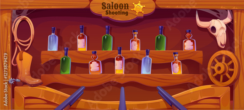 Wild West saloon carnival shoot game, shooting range in Western amusement park with vector cartoon bottles targets and guns. Wild West saloon or tavern bar carnival shoot game background frame