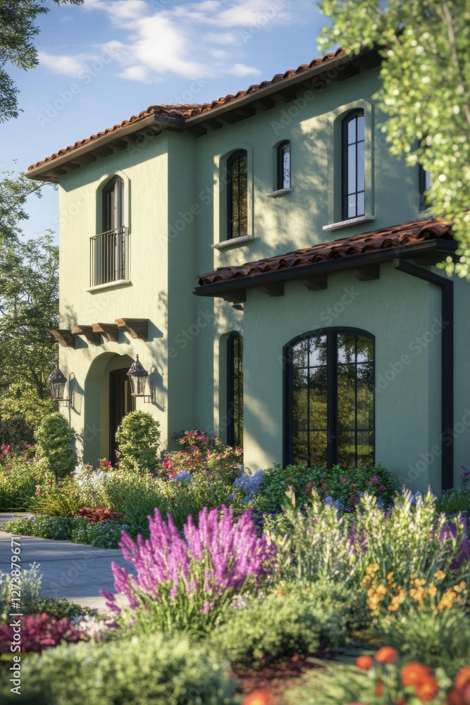 Fototapeta premium Charming green house with vibrant garden on a sunny day, showcasing colorful flowers and landscaping details in a serene neighborhood