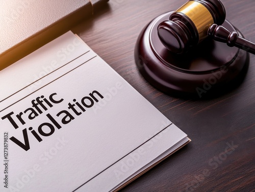 Legal Document on Traffic Violation with Gavel on Wooden Table