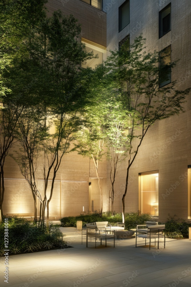 Obraz premium In an urban environment, a serene courtyard features beautifully illuminated trees and comfortable seating, inviting relaxation during the evening hours