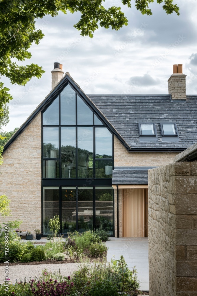 Modern architectural design showcases large windows and natural materials in a serene garden setting near lush greenery in the countryside Modern architectural design showcases large windows and natural materials in a serene garden setting near lush greenery in the countryside