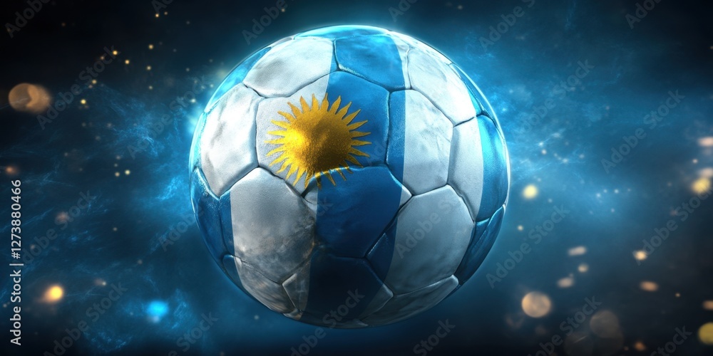 Fototapeta premium Exciting Futuristic Soccer Ball with Argentina Flag Surrounded by Cosmic Elements