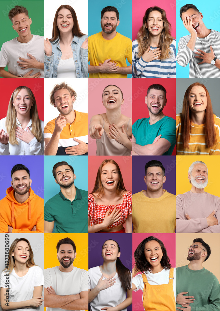 © New Africa - Different people laughing on colorful backgrounds, collage of portraits © New Africa - Different people laughing on colorful backgrounds, collage of portraits