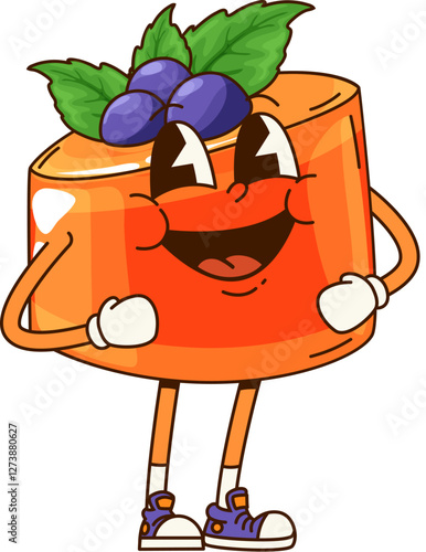 Funny groovy pudding dessert character. Cafe pastry cute cartoon personage or restaurant sweet meal cheerful groovy vector mascot. Holiday pudding dessert with blueberries funny isolated character