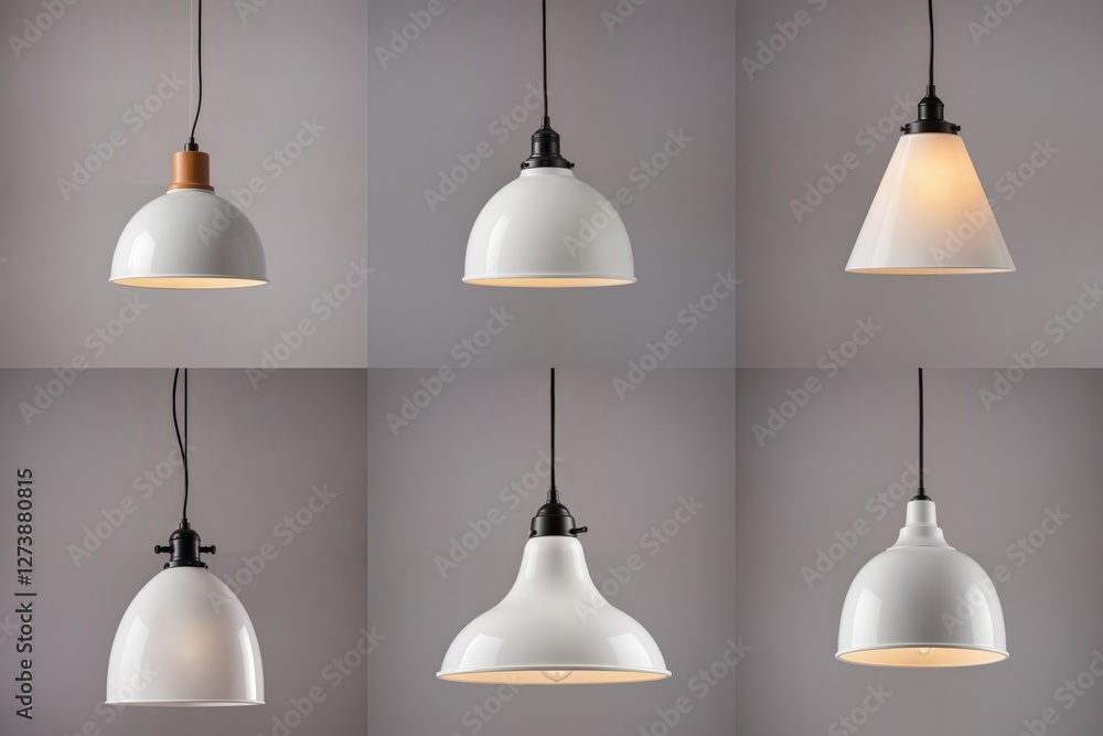 Obraz premium Six unique, circular pendant lights with varying shapes and sizes hang from black cords against a light gray wall, creating a harmonious and visually appealing arrangement