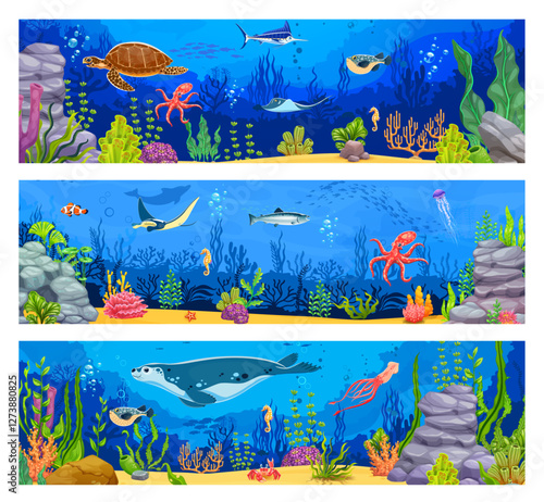 Underwater landscape banners with sea animals and fishes, vector cartoon background. Ocean coral reef or undersea landscape with funny seal, squid and crab, turtle and octopus and stingray in seaweeds