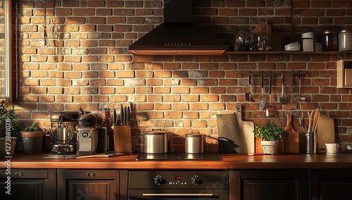 A realistic photograph of an old brick wall behind the kitchen counter, with dark brown cabinets