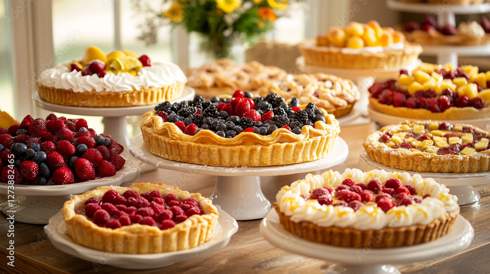 Delicious Fruit Tarts Displayed on Stands for Dessert Delicious Fruit Tarts Displayed on Stands for Dessert