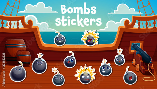 Cartoon pirate bomb characters stickers pack. Funny retro round black bombs with wicks and exploding grenades vector personages on old pirate corsair ship deck with cannon and gunpowder barrels