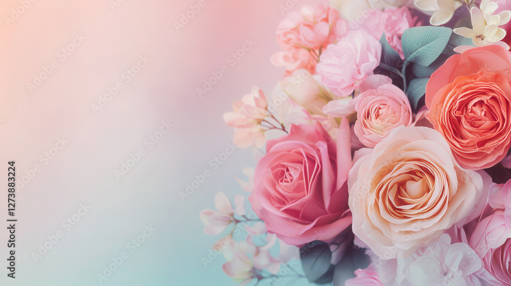 Obraz premium Beautiful floral arrangement with pastel colors and soft background, featuring roses and other flowers, creating serene and elegant atmosphere
