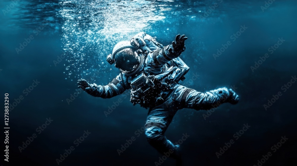 Fototapeta premium Astronaut underwater exploring deep ocean with scuba gear