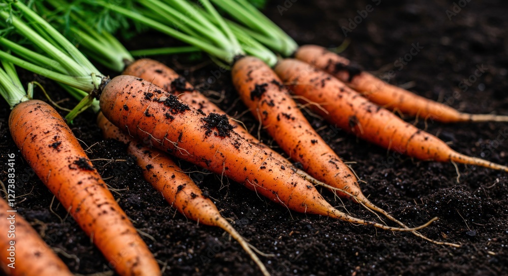 A close-up, highly detailed image of freshly harvested carrots still covered in rich, dark soil. Some carrots are partially pulled out, showing their vibrant orange color contrasting with the black ea A close-up, highly detailed image of freshly harvested carrots still covered in rich, dark soil. Some carrots are partially pulled out, showing their vibrant orange color contrasting with the black ea