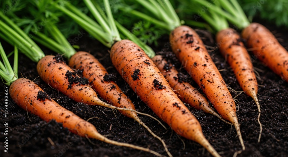 A close-up, highly detailed image of freshly harvested carrots still covered in rich, dark soil. Some carrots are partially pulled out, showing their vibrant orange color contrasting with the black ea A close-up, highly detailed image of freshly harvested carrots still covered in rich, dark soil. Some carrots are partially pulled out, showing their vibrant orange color contrasting with the black ea