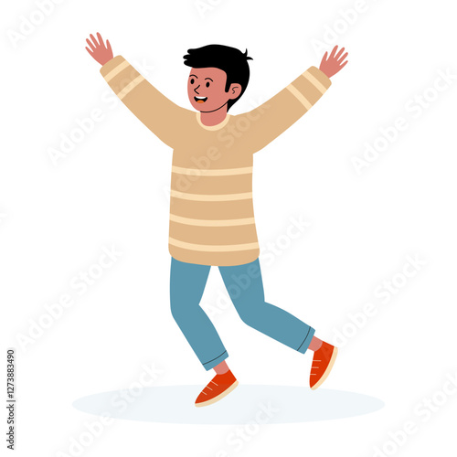Young boy dancing joyfully in a striped sweater and denim in a cheerful setting