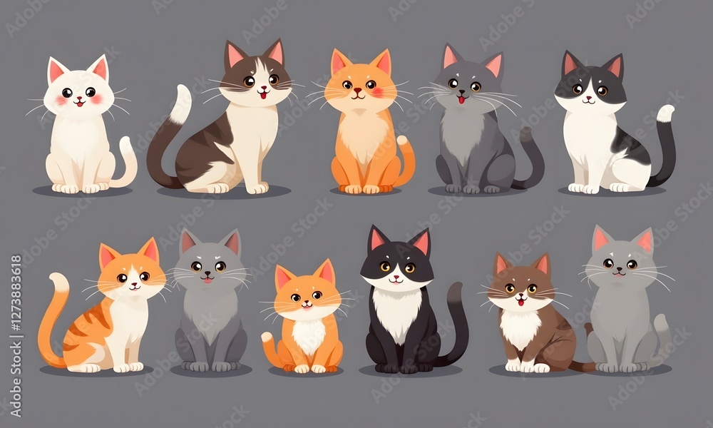 Playful Cartoon Cats Arranged in Grid Against Grey Background Playful Cartoon Cats Arranged in Grid Against Grey Background