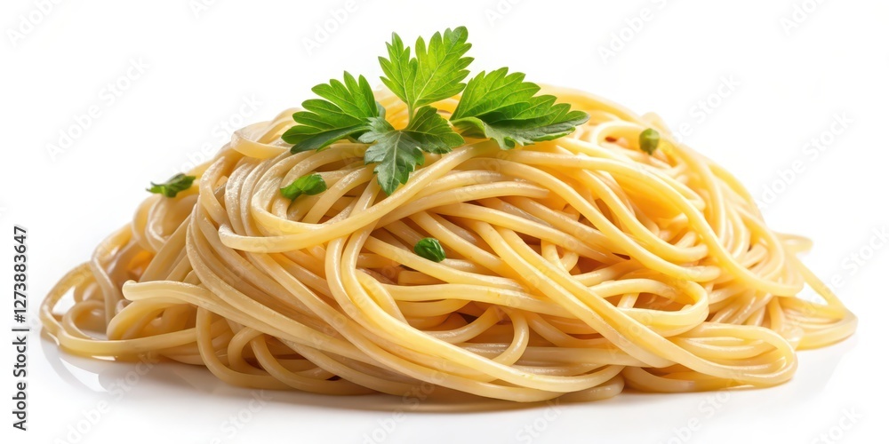 Cooked Spaghetti with Parsley Garnish on White Background Cooked Spaghetti with Parsley Garnish on White Background