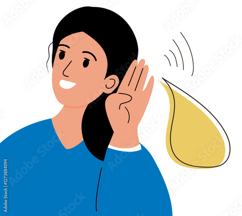 Deafness concept. Woman holds his hand near her ear. Woman listening or hearing intently. Vector illustration.