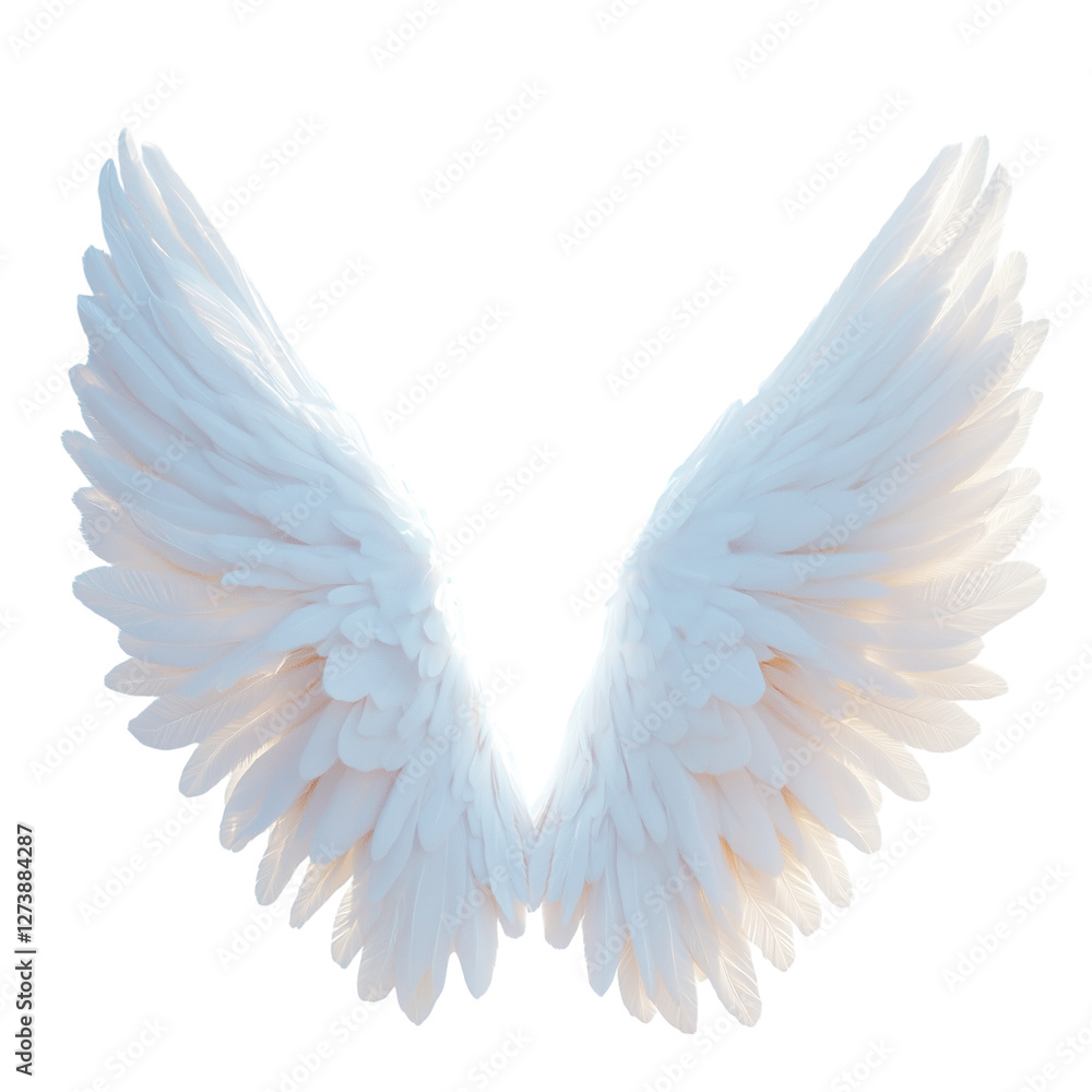 Fototapeta premium 3D White angel wings on transparent background, Dimensional model rendered asset, Angled side view, bird feather design natural angelic flying