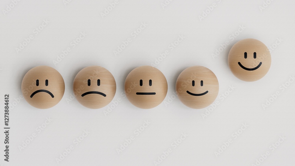 Concept image of satisfaction level. wooden circles with emotions.Facial expressions. Mental health assessment.3D rendering on white background. Concept image of satisfaction level. wooden circles with emotions.Facial expressions. Mental health assessment.3D rendering on white background.