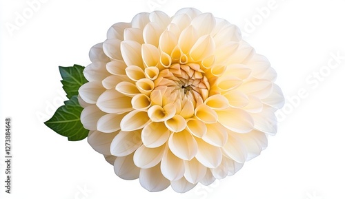 Cream colored flower with green leaves on white background. Close up view showcasing intricate details of petals and delicate texture