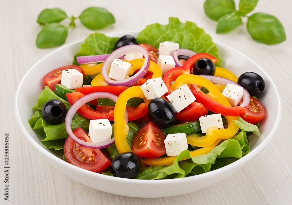 Delicious Greek Salad in a White Bowl Delicious Greek Salad in a White Bowl