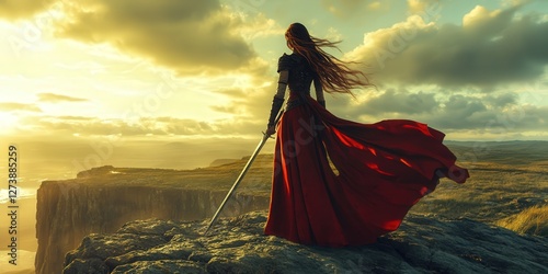 a charming female warrior, sword in hand, standing at the edge of a cliff, gazing into the distance with a fierce yet calm expression