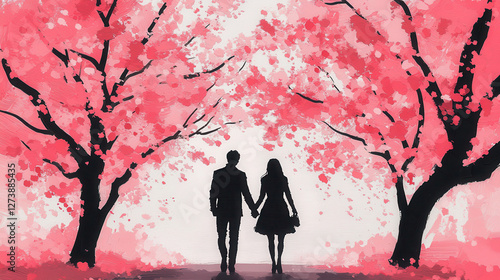 Wallpaper Mural romantic couple walking hand in hand under canopy of pink cherry blossoms, creating dreamy and enchanting atmosphere Torontodigital.ca