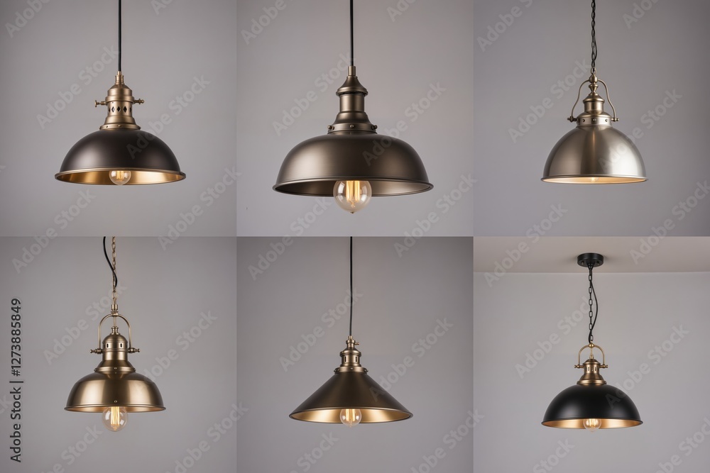 Obraz premium Six unique, black metal pendant lights with varying sizes and shapes hang from a white wall, each with a gold finish and hanging from a black cord