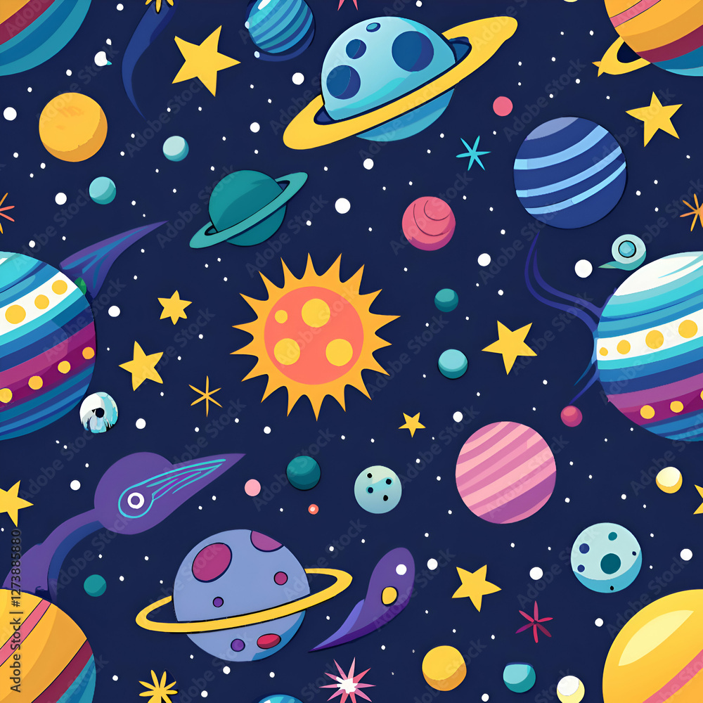 A whimsical and colorful space pattern with planets. stars. and comets. A whimsical and colorful space pattern with planets. stars. and comets.