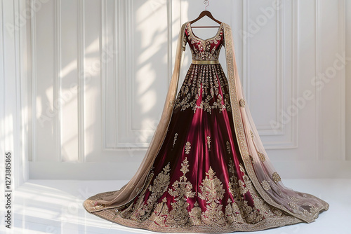Indian wedding dress. Bridal lehenga. Bollywood red with gold wedding attire on hanger in luxury interior background. Festive traditional outfit. Beautiful ceremony dress. Banner