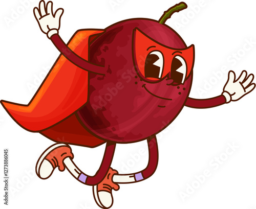 Groovy passion fruit superhero character, isolated cartoon vector retro comic defender tropical fruit personage in red cape and mask flying. Funny fairytale healthy food, smiling plant with big eyes