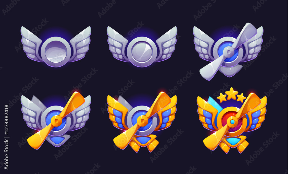Obraz premium Aviation plane game rank badge, level medal with metallic wings, propellers, stars, gold and blue accents. Cartoon vector pilot progression icons evoke a sense of achievement, flight, and adventure