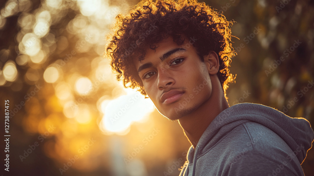 Portrait of a confident young man with curly hair in golden hour for lifestyle and fashion use Portrait of a confident young man with curly hair in golden hour for lifestyle and fashion use