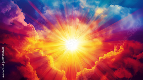 A vibrant digital artwork depicting a radiant sun bursting through the clouds, with colorful rays of light in shades of yellow, orange, and purple, symbolizing energy and hope. photo