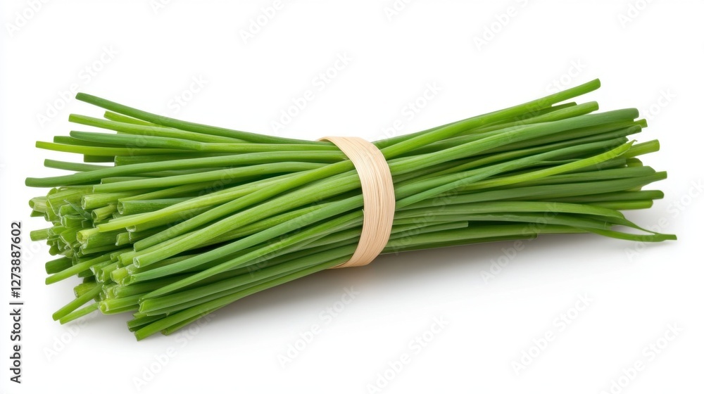Fresh chives tied with a light brown rubber band, isolated on a white background. Vibrant green stalks are bundled together, ready for use in Fresh chives tied with a light brown rubber band, isolated on a white background. Vibrant green stalks are bundled together, ready for use in